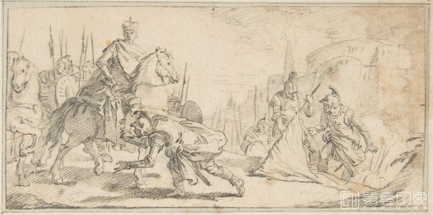 素描-美国纽约大都会美术馆素描藏画-Giovanni Battista TiepoloIllustration for a Book Soldiers Surrendering to an Emperor-0862